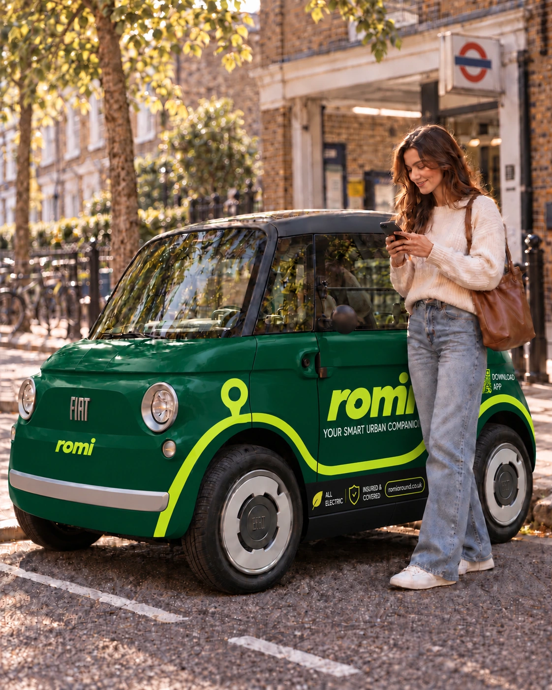 A woman using her phone beside a forest-green Romi Fiat Topolino near a London station
