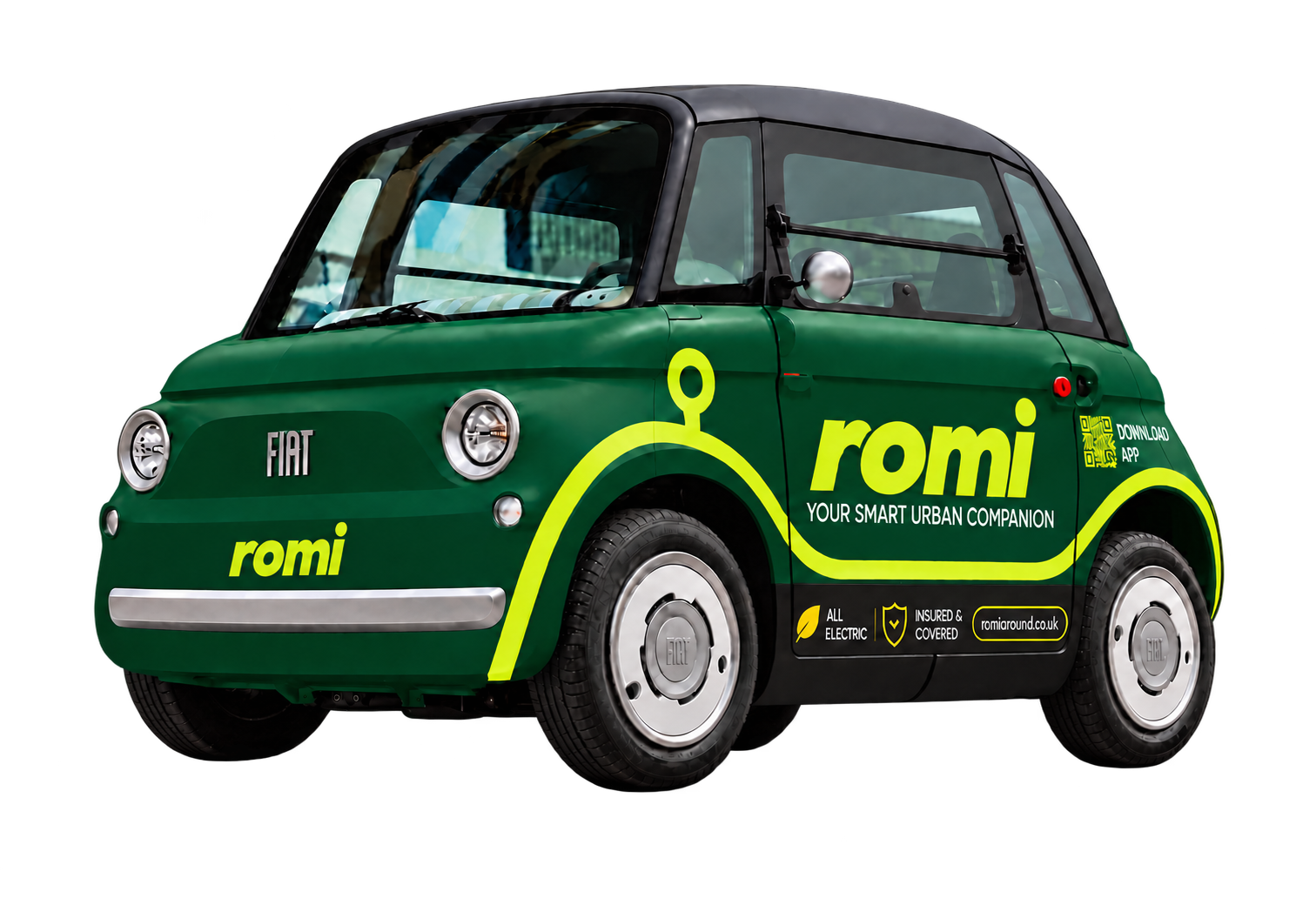 Fiat Topolino in a forest-green Romi wrap with lime branding, shown in full from a front three-quarter angle