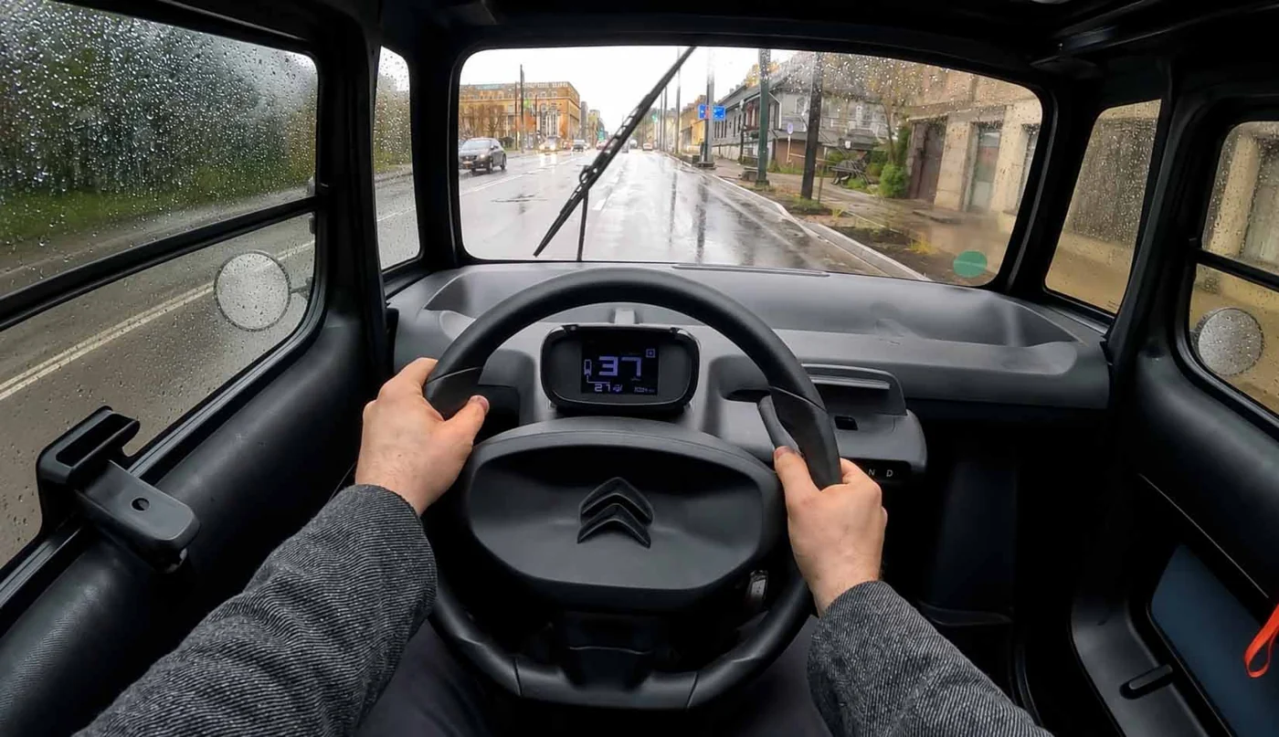 The view through a Romi windscreen on a rainy day