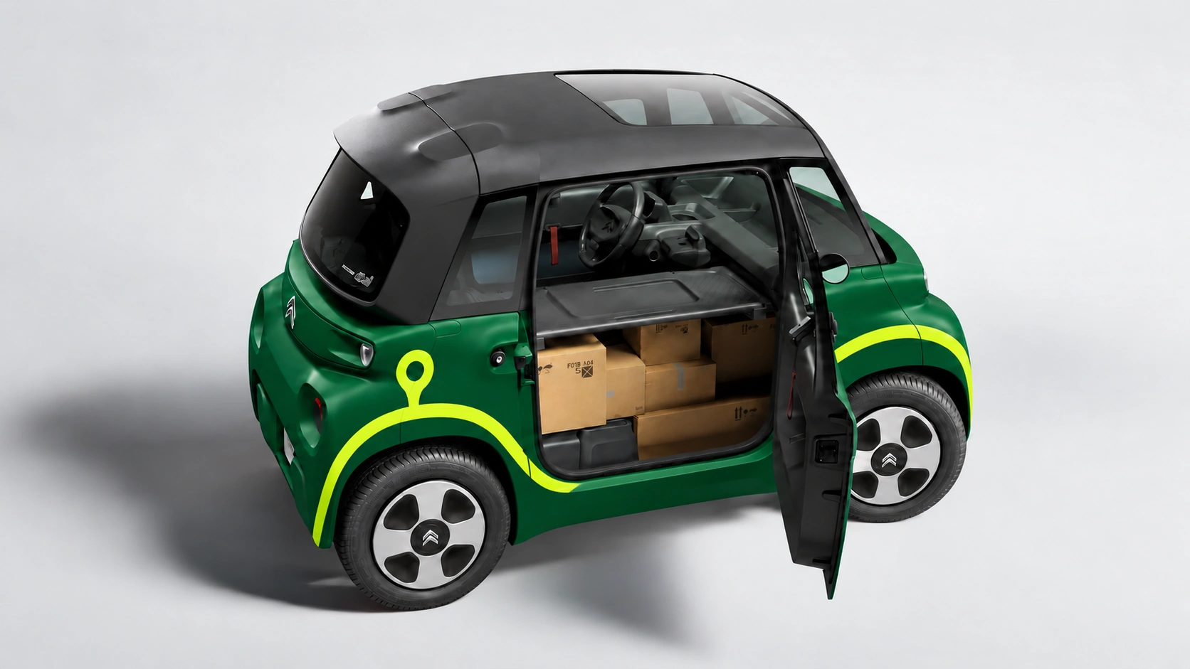 A forest-green Romi Citroën Ami with lime branding, silver wheel covers and an open door showing room for shopping