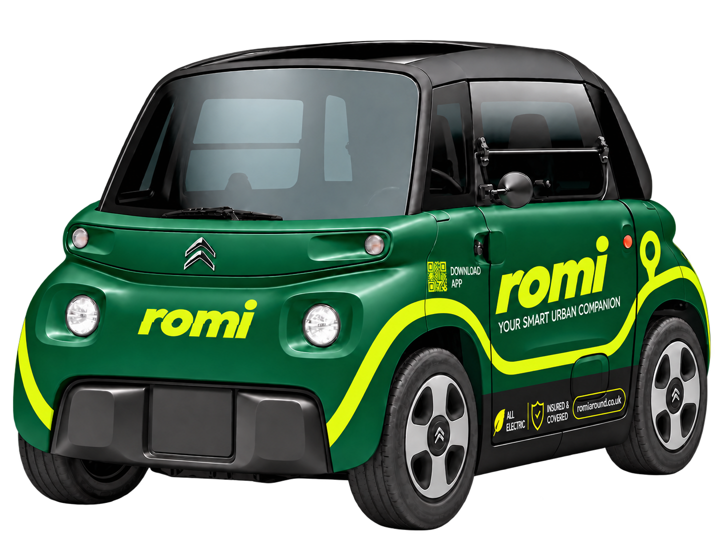 Citroën Ami in a forest-green Romi wrap with lime branding, shown in full from a front three-quarter angle