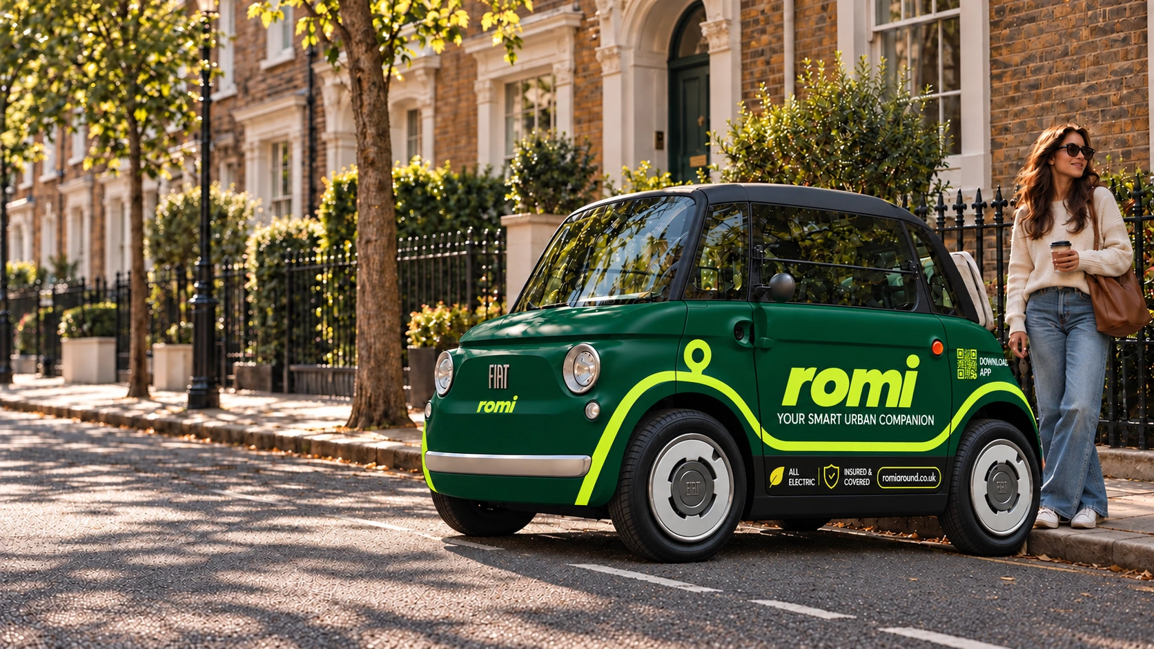 A branded forest-green Romi Fiat Topolino on a London street
